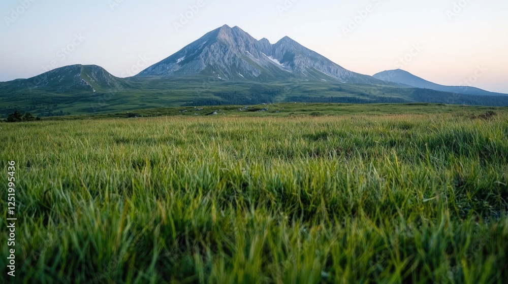 Fototapeta premium Mountain range and green field at dawn. Possible use Nature background