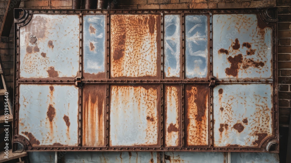 Naklejka premium A close-up view of a weathered, rusting metal door with blue peeling paint, showcasing an industrial charm and the passage of time.