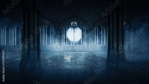 Tableau sur toile Abandoned vampire hallway render with a full moon and dark night sky