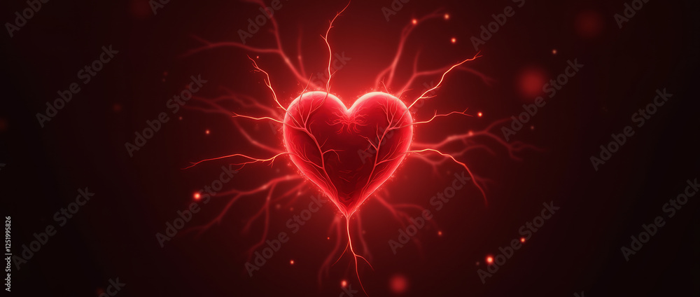 Single Red Heart with Glowing Vein-Like Lines Spreading Outward Single Red Heart with Glowing Vein-Like Lines Spreading Outward