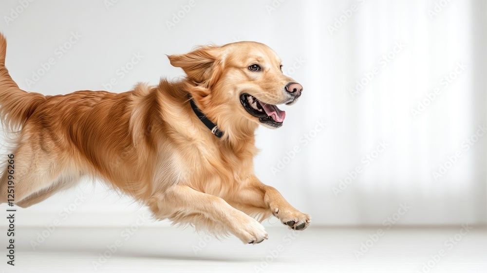 Happy golden retriever dog running indoors Happy golden retriever dog running indoors