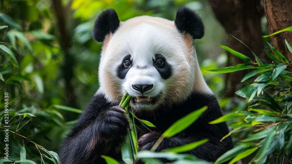 Majestic Panda Munching on Bamboo in Lush Forest - Stunning Wildlife Capture Majestic Panda Munching on Bamboo in Lush Forest - Stunning Wildlife Capture