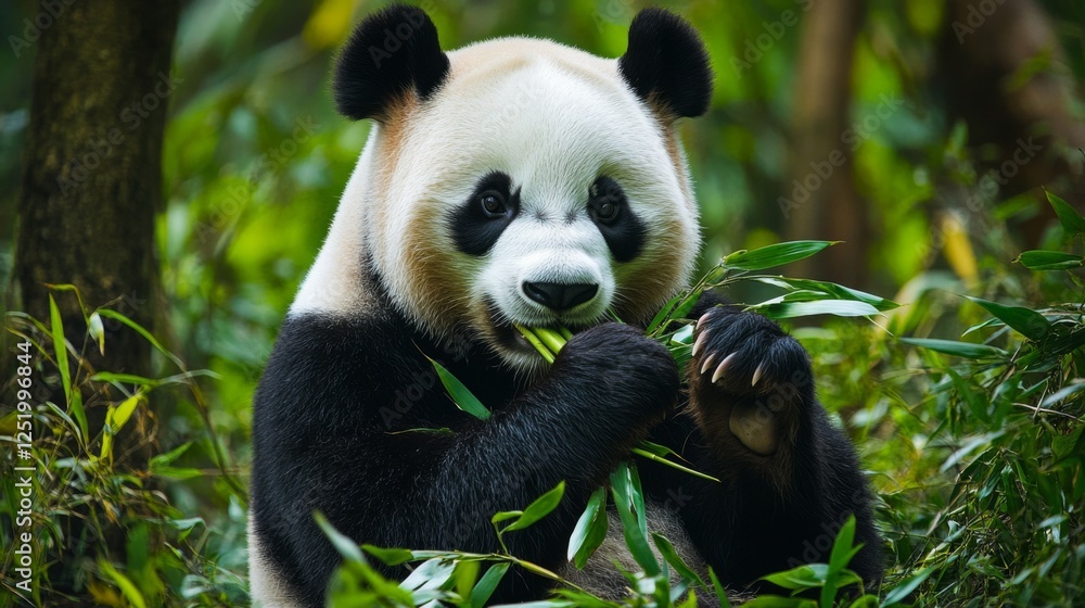 Majestic Panda in Lush Bamboo Forest: Symbol of Nature's Splendor. A captivating image of a panda enjoying a meal of bamboo in a serene forest setting Majestic Panda in Lush Bamboo Forest: Symbol of Nature's Splendor. A captivating image of a panda enjoying a meal of bamboo in a serene forest setting