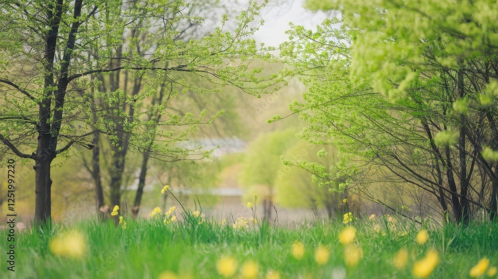 Fototapeta premium A serene spring landscape featuring vibrant green trees and delicate wildflowers, evoking a sense of tranquility and renewal.