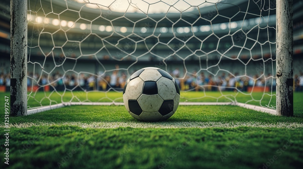 Fototapeta premium Soccer ball in goal. Goal net. Soccer border on green football grass field. Vector stadium, supporters background. World wk, ek sport finale, sports game. Street ball.