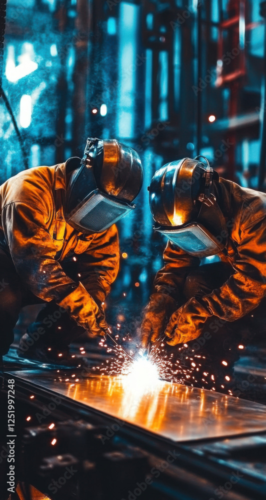 Offshore workers welding metal on an oil platform, with sparks flying from the welding process. The workers wear protective safety gear and helmets, highlighting the industrial setting. Offshore workers welding metal on an oil platform, with sparks flying from the welding process. The workers wear protective safety gear and helmets, highlighting the industrial setting.