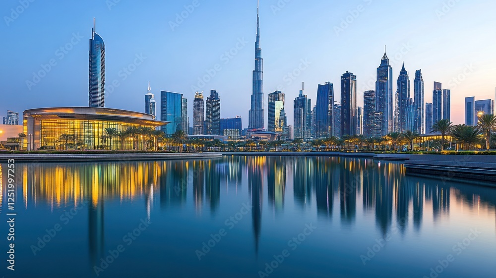 Naklejka premium Dubai Skyline Reflection: A Breathtaking Panoramic View