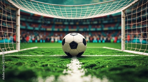 Soccer ball in goal. Goal net. Soccer border on green football grass field. Vector stadium, supporters background. World wk, ek sport finale, sports game. Street ball.