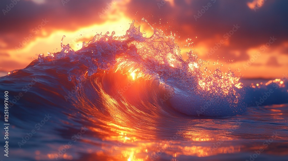 Fototapeta premium Ocean wave sunset; fiery sky, water reflections; travel, nature backdrop