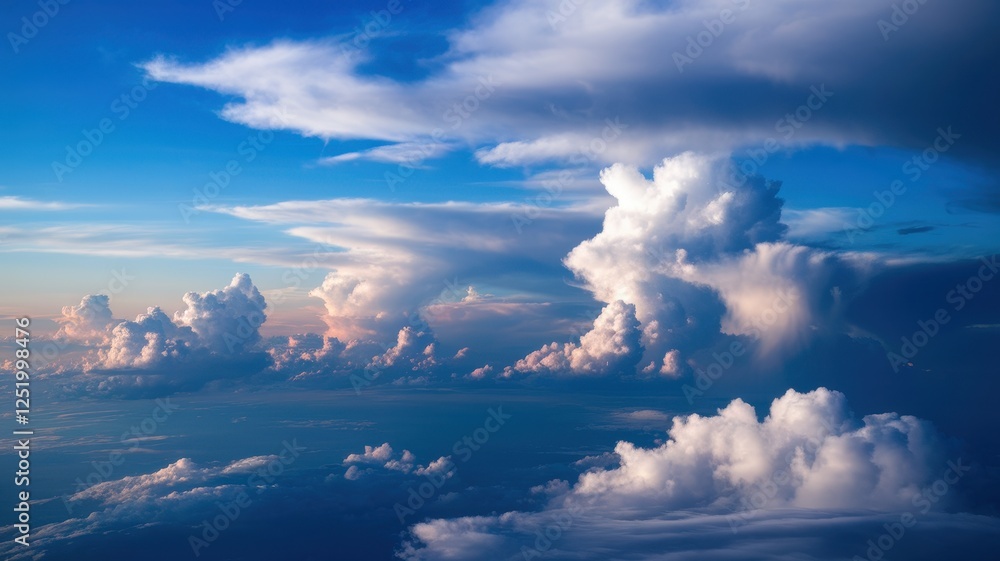 A breathtaking view of fluffy white clouds against a vibrant blue sky at sunset, creating a serene and tranquil atmosphere. A breathtaking view of fluffy white clouds against a vibrant blue sky at sunset, creating a serene and tranquil atmosphere.