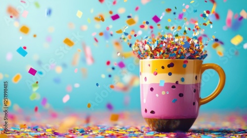 Vibrant confetti bursts from a colorful cup, celebrating party or birthday 