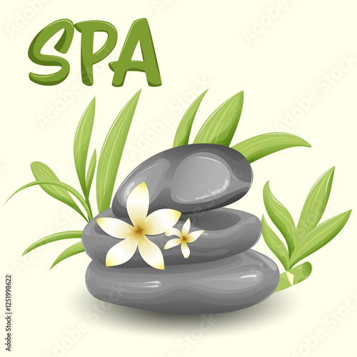 black smooth stones for massage and relaxation in spa, vector illustration