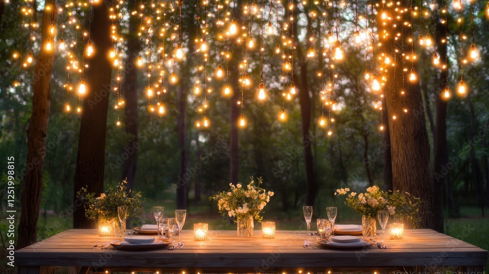 Outdoor dining, string lights, forest, evening Outdoor dining, string lights, forest, evening