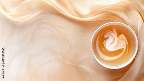 Swirling milk in tea cup on silky beige fabric