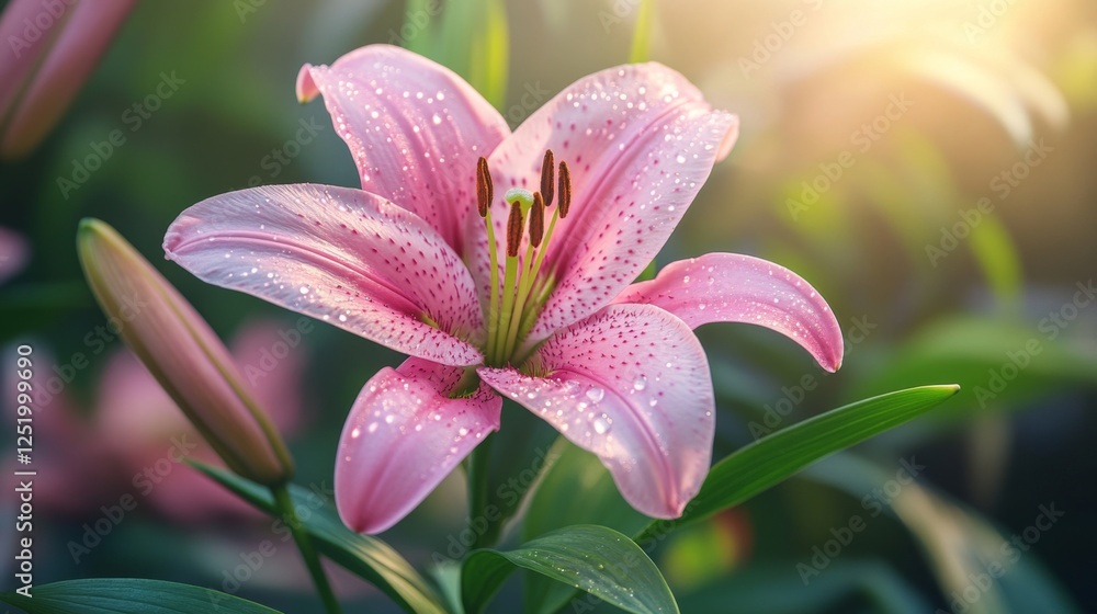 Radiant Pink Lily in Dewy Morning Light: A Stunning Floral Masterpiece Radiant Pink Lily in Dewy Morning Light: A Stunning Floral Masterpiece