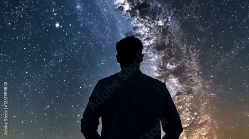 The silhouette of a man standing against a night sky filled with stars and the Milky Way, gazing upwards. The scene suggests a sense of wonder, contemplation, and the vastness of the univers