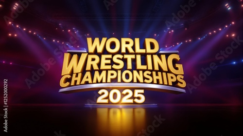 World Wrestling Championships 2025. 3D text on a wrestling ring, illuminated by spotlights. A dynamic background for sports news, posters, and event promotions photo