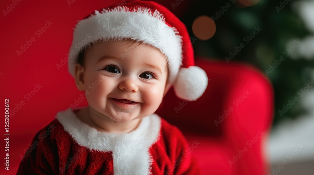 Happy baby in Santa suit, Christmas setting Happy baby in Santa suit, Christmas setting
