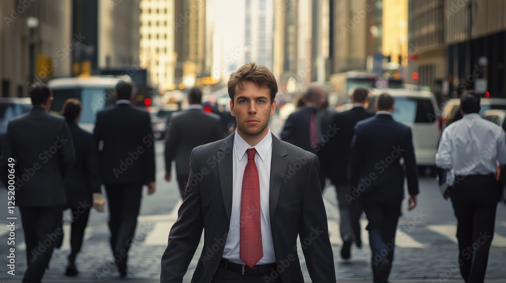 young businessman walking down downtown financial district. wealthy rich successful businessman walking in big city modern skyscrapers street on sunset thinking of successful future