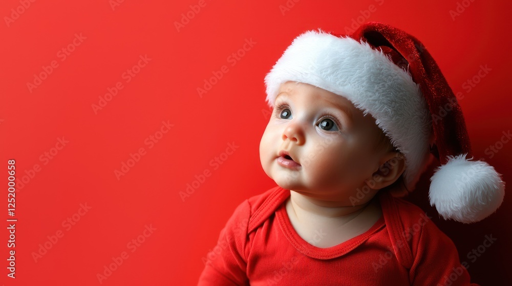Baby in Santa hat, looking up, red background, Christmas card Baby in Santa hat, looking up, red background, Christmas card