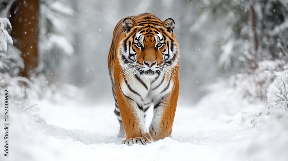 Majestic Tiger Strolling Through a Snowy Forest - Powerful Winter Scene of a Wild Animal Majestic Tiger Strolling Through a Snowy Forest - Powerful Winter Scene of a Wild Animal