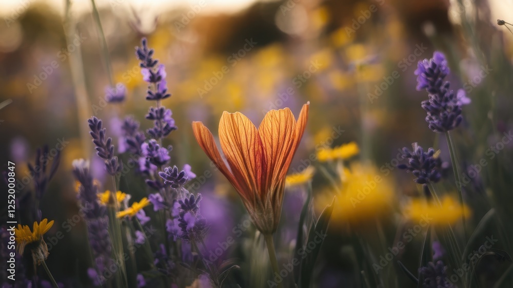Obraz premium A vibrant orange flower stands out amidst a field of purple lavender and yellow wildflowers, creating a serene and colorful springtime scene.