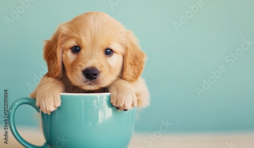 Adorable Golden Retriever Puppy in a Teal Mug