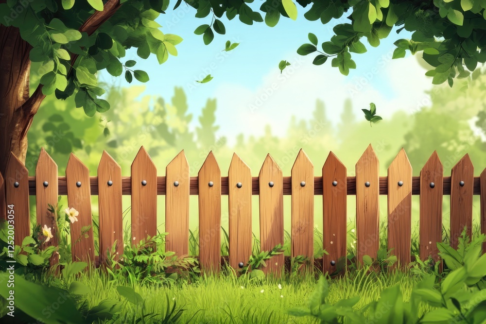 Obraz premium A charming illustration of a whimsical wooden fence surrounded by lush greenery and a soft, blue sky, creating a playful and inviting atmosphere for relaxation.