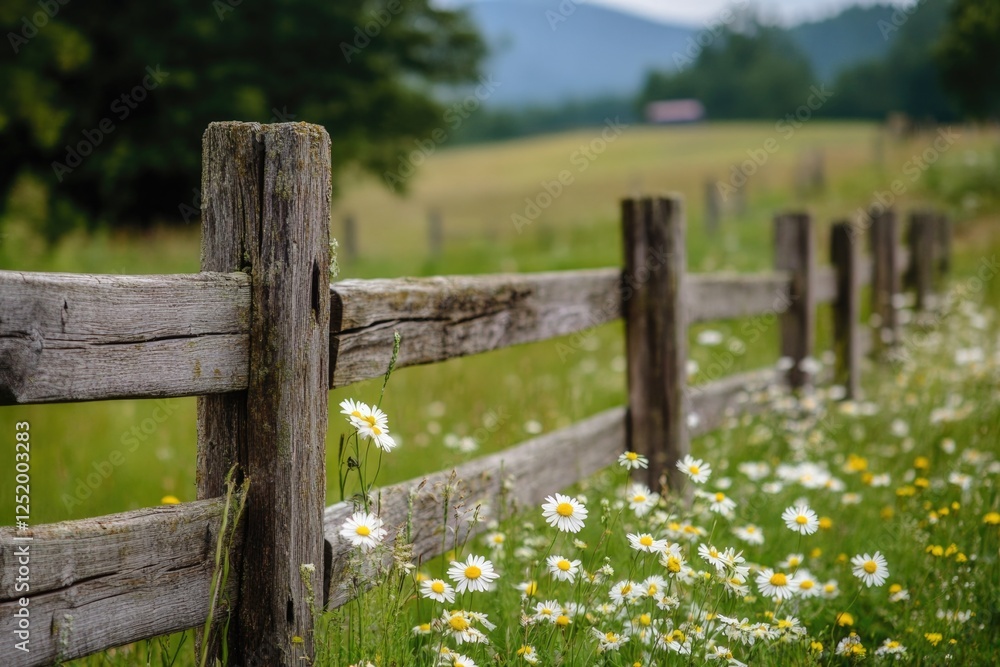 A scenic view of an authentic wooden fence adorned with wildflowers, set against a backdrop of lush green fields, encapsulating the beauty of rural landscapes. A scenic view of an authentic wooden fence adorned with wildflowers, set against a backdrop of lush green fields, encapsulating the beauty of rural landscapes.