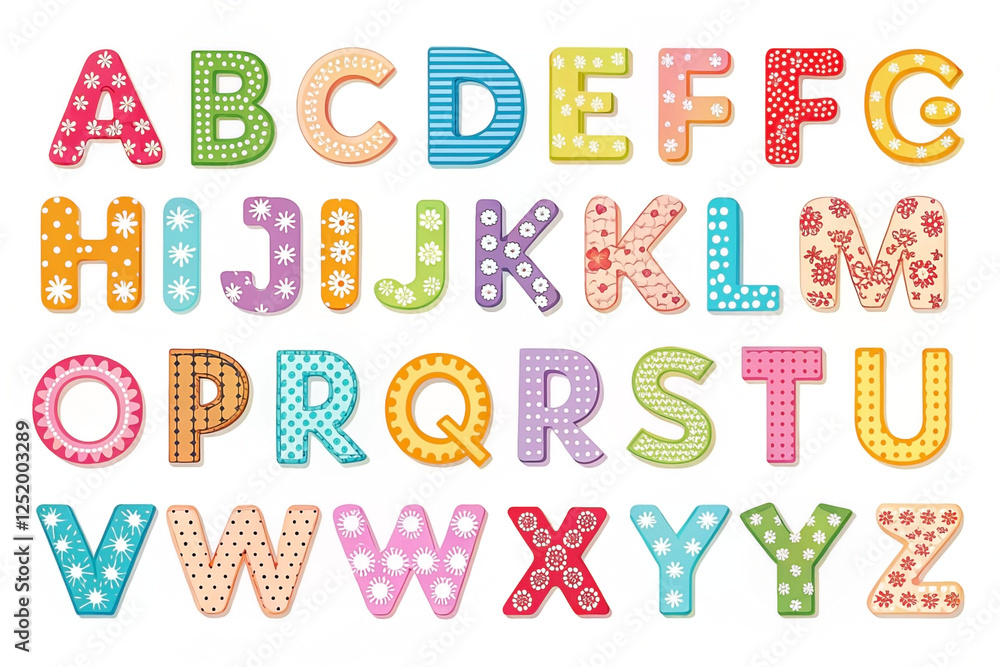 Colorful patterned alphabet letters, white background, education, craft Colorful patterned alphabet letters, white background, education, craft