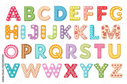 Colorful patterned alphabet letters, white background, education, craft