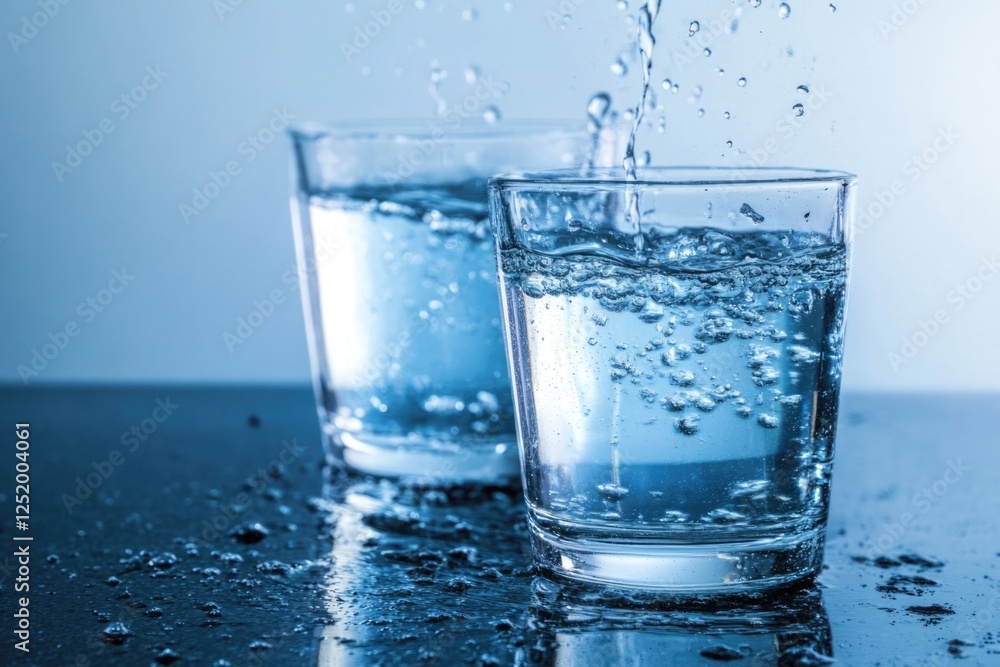 This image showcases two transparent glasses filled with sparkling water, accentuated by lively bubbles and a glistening surface, embodying refreshment and clarity. This image showcases two transparent glasses filled with sparkling water, accentuated by lively bubbles and a glistening surface, embodying refreshment and clarity.