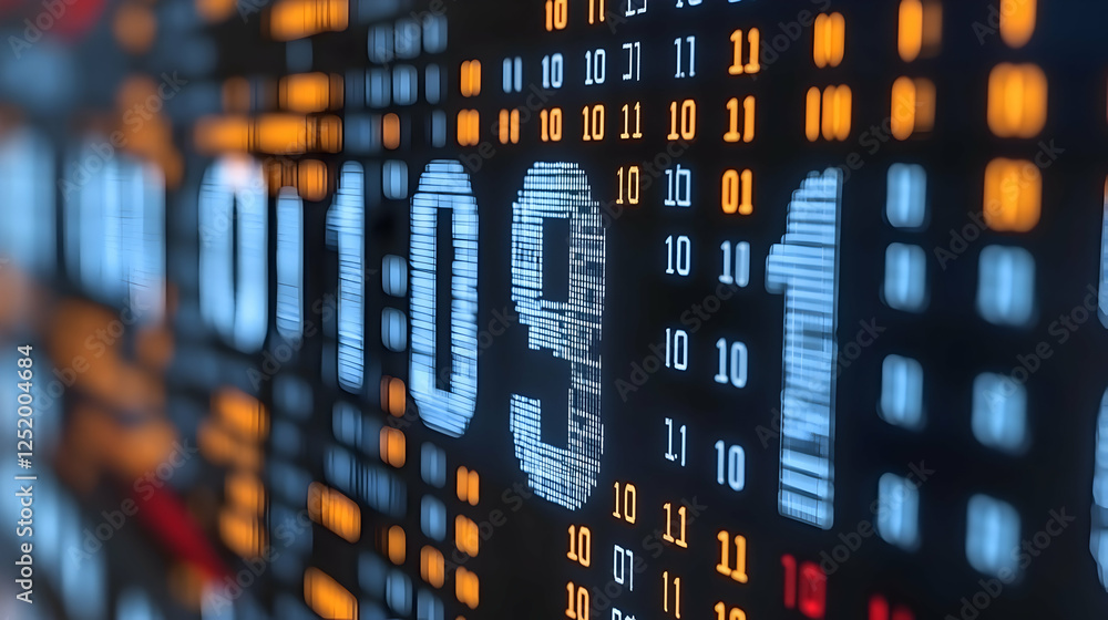 Digital Clock, Binary Code, Data Stream, Technology Background Digital Clock, Binary Code, Data Stream, Technology Background