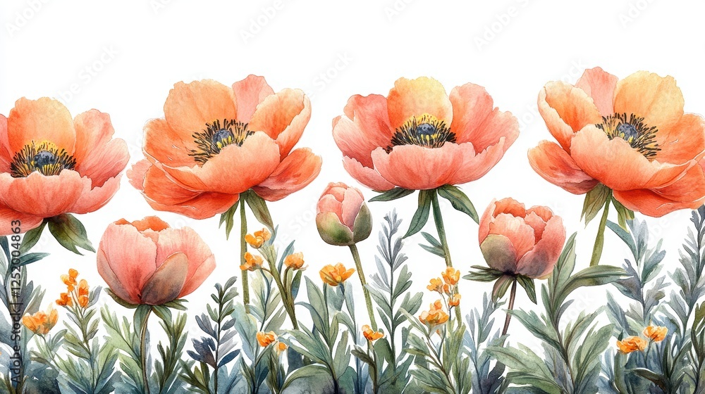 Fototapeta premium A vibrant watercolor illustration of blooming flowers in soft peach tones.