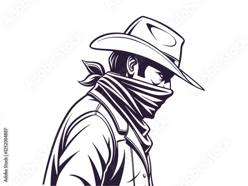 Strong Vector silhouette of a cowboy with a bandana covering his face portrait, isolated in white. Ideal for Western-themed designs, logos, and digital artwork.
