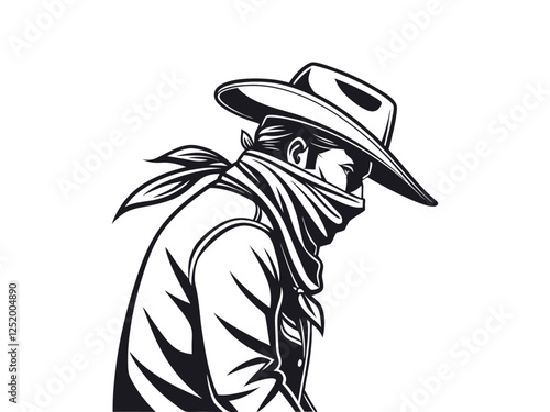Strong Vector silhouette of a cowboy with a bandana covering his face portrait, isolated in white. Ideal for Western-themed designs, logos, and digital artwork.