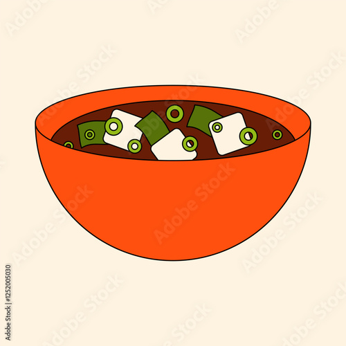 Miso soup. Japanese traditional soup food with tofu seaweed and green onion, cartoon bowl with hot organic meal asian cuisine, restaurant menu dish. Vector isolated illustration