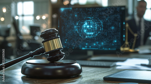 A gavel rests on a desk, with an AI screen in the background symbolizing the legal implications of artificial intelligence in the field of technology and law.