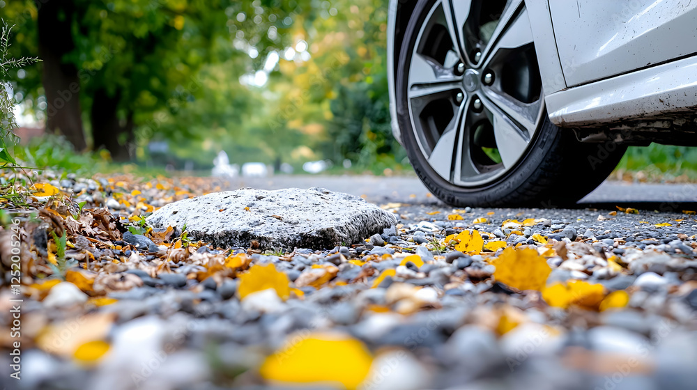 Obraz premium Autumnal street, car wheel, rock, fallen leaves
