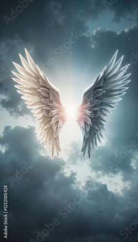 Confronting angel and demon wings amidst stormy sky, symbolic struggle
