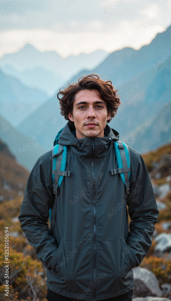 Confident person wearing windbreaker against misty mountains, adventure Confident person wearing windbreaker against misty mountains, adventure