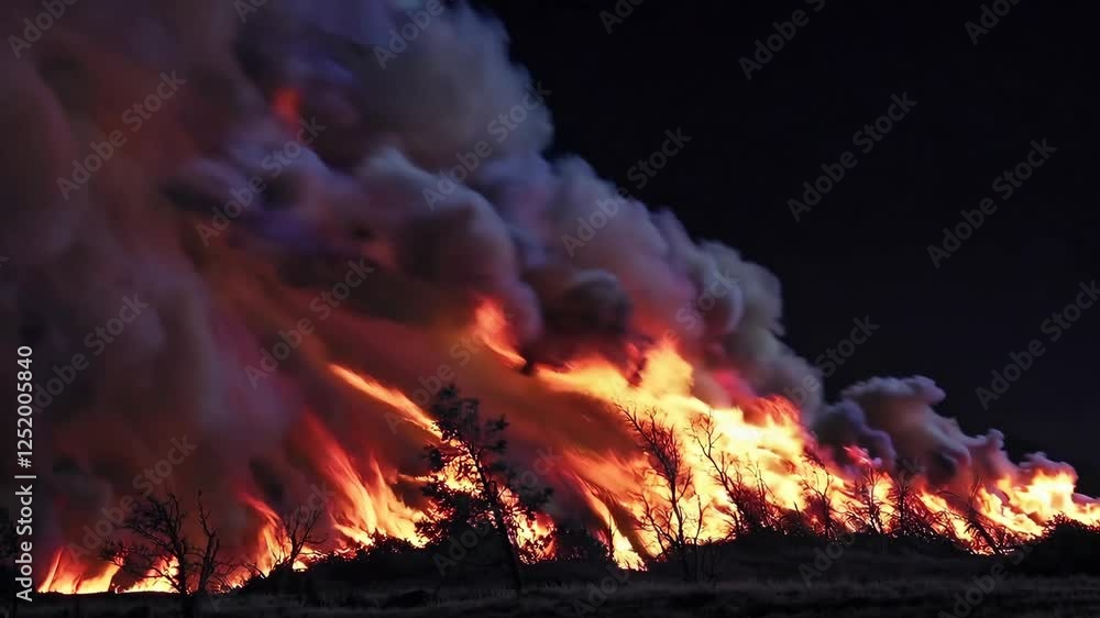 Wildfire engulfing forest at night with thick smoke, environmental catastrophe concept