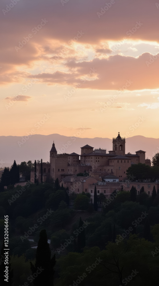 The Last Light of Dusk Over the Alhambra in Granada, Spain, with a Sky Glowing in Shades of Soft Pink and Gold The Last Light of Dusk Over the Alhambra in Granada, Spain, with a Sky Glowing in Shades of Soft Pink and Gold