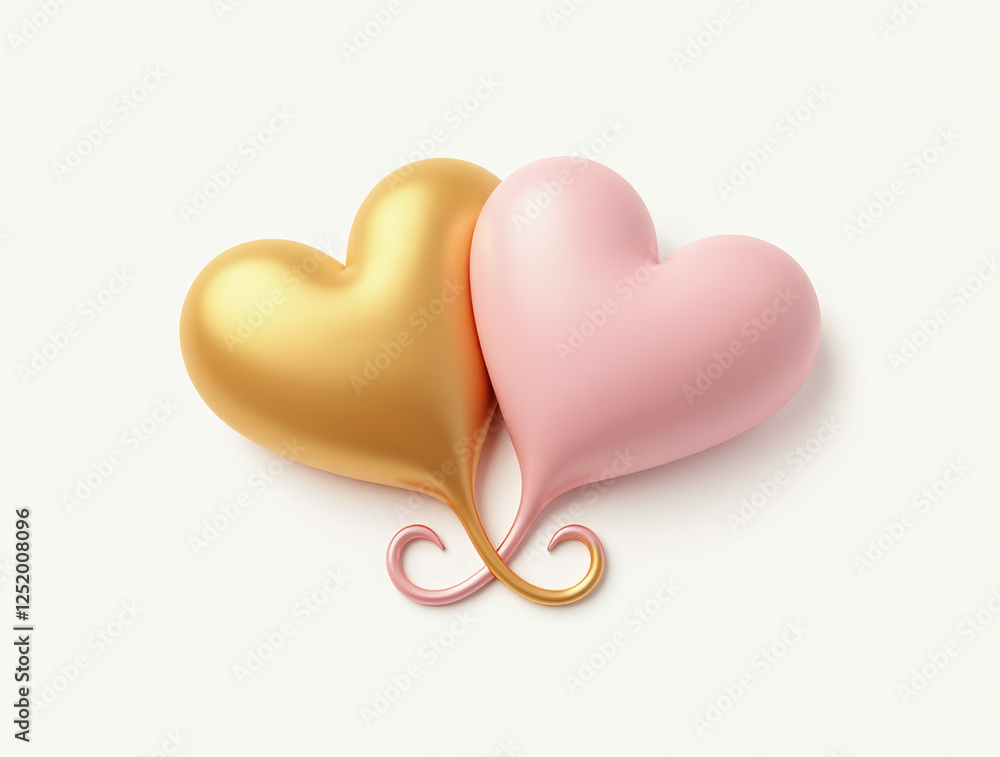 Two Hearts—One Gold and One Pastel Pink—Twisting Gently in a Helix Pattern on a Clean White Background Two Hearts—One Gold and One Pastel Pink—Twisting Gently in a Helix Pattern on a Clean White Background