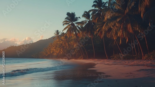 The warm hues dawn highlighting a tropical beach lined with swaying palm trees