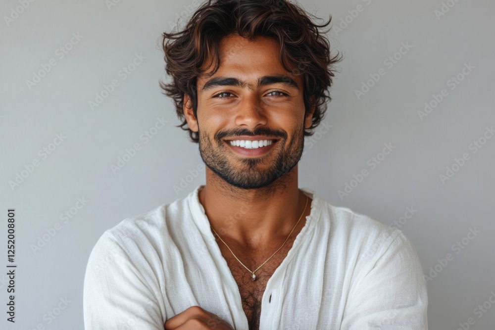 Smiling man with curly hair, wearing a white shirt, exuding confidence. Smiling man with curly hair, wearing a white shirt, exuding confidence.