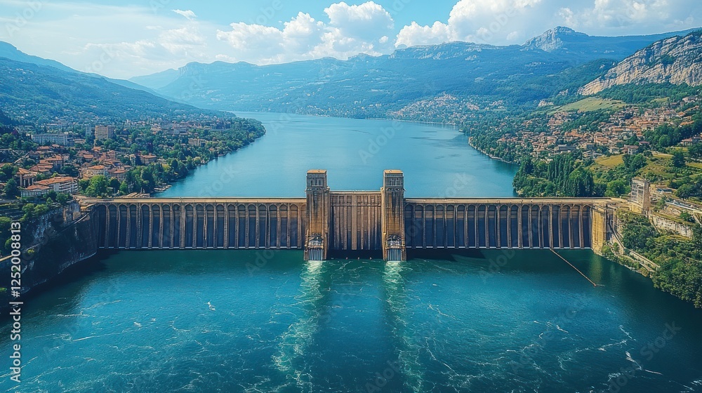 Aerial view of dam, river valley, mountains. Power generation, landscape Aerial view of dam, river valley, mountains. Power generation, landscape