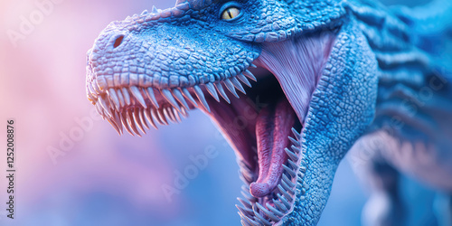 Prehistoric realistic dinosaur growls with open mouth, sharp teeth. Advertising background for dinosaur exhibition park photo