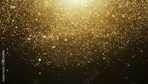 A video of golden glitter particles falling against a black background. The particles shimmer and sparkle as they float down, creating a magical and festive effect.