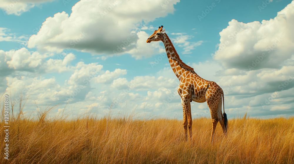 Obraz premium A giraffe standing gracefully in a vast grassland, surrounded by wildlife and the beauty of the outdoors.